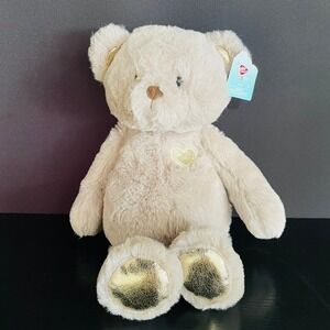 Play Right Teddy Bear Plush Unisex 14" Gray NEW Gold Heart Metallic Feet Hug Me